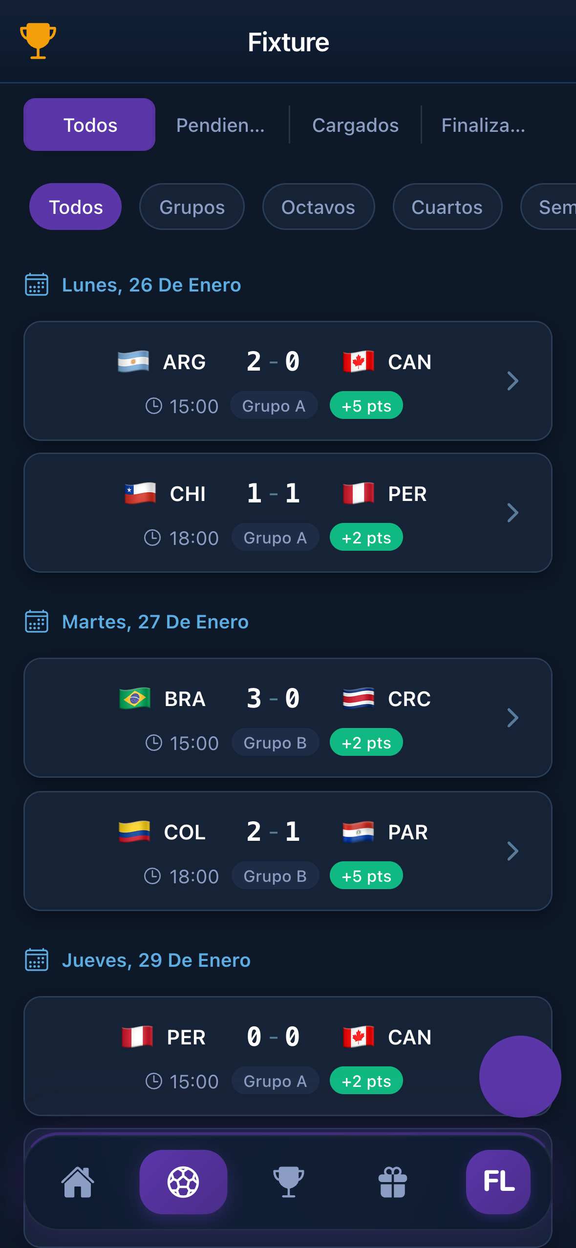 Fixture con badges de puntos